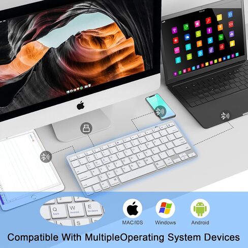 2.4G Wireless Keyboard, Ultra Slim Dual Bluetooth Keyboard with Media Hotkeys for Mac/iPad/iPhone/Computer/PC/Desktop/Laptop/Surface and Apple/Windows/Android Rechargeable, Silver in Saudi Arabia