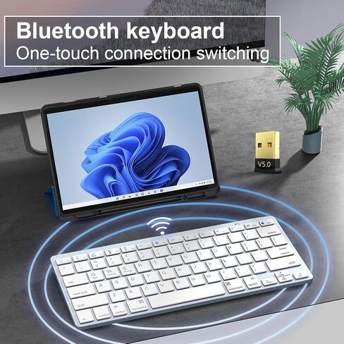 2.4G Wireless Keyboard, Ultra Slim Dual Bluetooth Keyboard with Media Hotkeys for Mac/iPad/iPhone/Computer/PC/Desktop/Laptop/Surface and Apple/Windows/Android Rechargeable, Silver in Saudi Arabia