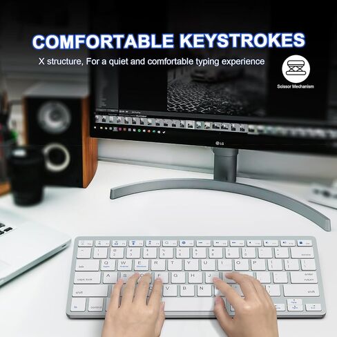 2.4G Wireless Keyboard, Ultra Slim Dual Bluetooth Keyboard with Media Hotkeys for Mac/iPad/iPhone/Computer/PC/Desktop/Laptop/Surface and Apple/Windows/Android Rechargeable, Silver in Saudi Arabia