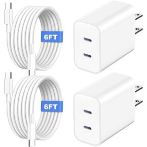 Phone Compatible with iPhone 16/15 Charger Fast Charging,2Pack 20W Dual-Port Phone Charging Block with 6FT USB C Cable,for Phone 16/15 Pro Plus Pro Max,for S24 S23,and More-White