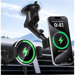 شاحن سيارات لاسلكي ، 15W Magsafe Car Mount Charger لـ iPhone 16 15 14 13 12 & Samsung Galaxy ، Auto-Clamping Vent & Windshield Car Phone حامل للسيارات والمنزل