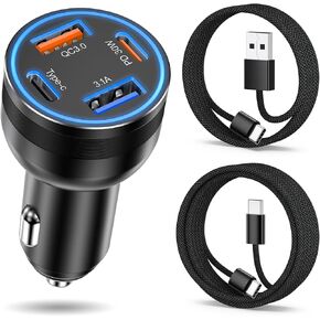 Car Charger USB C, 4-Port 65W Fast Charging Car Phone Charger with 2Pack Carplay Cable,Dual USB-C & USB-A Cargador Carro Cigarette Lighter Adapter for iPhone 16e/15/14/13/12 Pro Max,iPad,Samsung S25