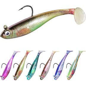 6Pcs Paddle Tail Swim Baits, Pre-Rigged Jig Heads Soft Fishing Lures, 3D Eyes Swimbait with Hooks for Bass Fishing Saltwater Freshwater for Bass Trout Walleye Crappie