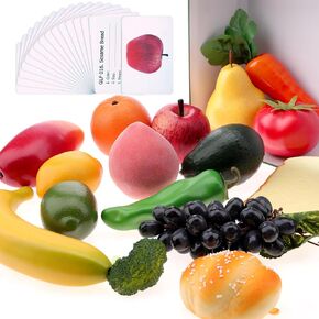Gresorth 32pcs Fake Fruits Foods + Cards Play Toy Sets Kids Preschool Learning Education Tool Home Kitchen Decor with Storage Gift Boxes for Boys Girls Birthdays Christmas New Year Party Gift