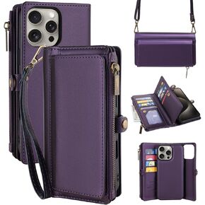 MInCYB for iPhone 16 Wallet Case with Crossbody Strap & Magnetic Detachable PU Leather RFID Blocking Card Holder for Women Men, 6.1" - Purple