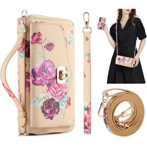 Crossbody Wallet Case for Samsung Galaxy S25 Ultra, Magnetic Detachable PU Leather Flip Phone Case with Card Holder RFID Blocking Wristlet Mirror Zipper Purse for Women, Black F