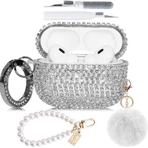 Bling Sliver Case for AirPods Pro (1st/2rd) Generation Cover - Luxurious Rhinestone PC Diamonds Protective Cover for AirPods Pro Case for Women Girl, Pearl Bracelet/Cute Fur Ball Pompom/Lobster Clasp