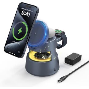 [2025 Upgraded] 5 in 1 Charging Station for iPhone - Wireless Charger for Multiple Devices, Wireless Charging Stand Dock with Bluetooth Nightlight for iPhone 16 15 14 13 12 Pro Max Apple Watch Airpods