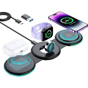 Magnetic Wireless Charger,Wireless Charging Pad,3 in 1 Foldable Fast Wireless Charger-Black