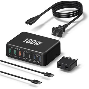 180W USB C Charger Block 7-Port GaN Fast Charging Station PD65W Laptop Power Adapter, Multiport Desktop Hub with USB-C Cable Compatible for MacBook,iPad Air Pro, iPhone 15 14 13, Galaxy S24 S23
