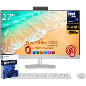 HP All in One Desktop Computer 27 Inch Touchscreen FHD Business, MS Office Pro 2024 Lifetime, Intel 12-core Ultra 7 155U (Up to 4.8 GHz), 64 GB DDR5, 1 TB SSD, Wi-Fi 6, Windows 11 Pro, w/Accessories