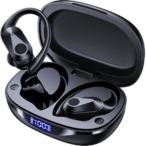 Bluetooth Headphones Wireless Earbuds 90Hrs Playtime Ear Buds IPX7 Waterproof Sports Earphones with Wireless Charging Case & Over-Ear Earhooks LED Power Display Stereo Bass Headset Black