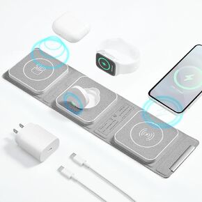 20W 3 in 1 Foldable Wireless Charger, Wireless Charging Station, Charging Station for Multiple Devices, Magnetic Mag-Safe Travel Charging Pad for iPhone 15 14 13 12 Pro Max Plus iwatch Watch & Airpods