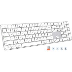 لوحة مفاتيح Bluetooth اللاسلكية لنظام التشغيل Mac ، 4 مفاتيح قابلة لإعادة شحن الجهاز مع لوحة أرقام ، لوحة مفاتيح صامتة كاملة الحجم للحصول على iPad ، iPhone ، Mac ، iOS ، Android ، Windows ، White