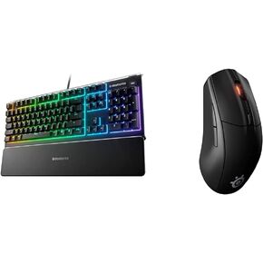 SteelSeries Apex 3 RGB Gaming Keyboard – 10-Zone RGB Illumination – IP32 Water Resistant – Premium M with Rival 3 Wireless Gaming Mouse