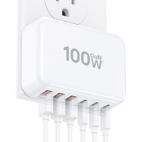 100W Fast Charger Block, GaN 6 Port USB C Charging Station Hub Cube, Multiport Type C Wall Charger Power Strip Plug with PD 3.0+QC for iPhone 16 15 14 13 12 1 Pro Max XR XS 8 7, Samsung, iPad, Table