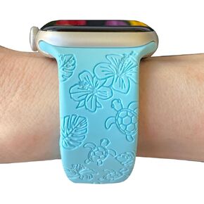 Engraved Turtle Watch Band Compatible with Apple Watch Bands 38mm 40mm 41mm 42mm 44mm 45mm 46mm Silicone Replacement for iWatch Series 10 9 8 7 6 5 4 3 2 1 SE, Hibiscus Turtle