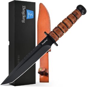 Fixed Blade Knife, 8.0" Black Titanium PVD Coating DC53 Steel Blade Full Tang Hunting Knives with Leather Sheath, Ergonomic Handle Bushcraft Bowie Knife for Camping, Hiking