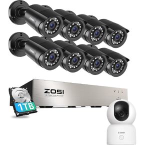 ZOSI 8CH 8PCS 1080P H.265+ Home Security Camera System with 1TB HDD&Indoor Pan/Tilt Smart Security Camera,C518 2K 360 Degree Baby and Pet Monitor,2.4G/5G Dual-Band WiFi Home Cam with Phone App