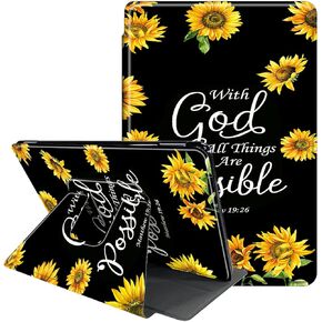 Case fo 6.8" Kindle Paperwhite (11th Generation-2021)-360 Degree Rotating Multi-Angle Viewing Protective Cover with Auto Sleep/Wake for Kindle Paperwhite 2021 E-Reader-Sunflower Matthew 19:26
