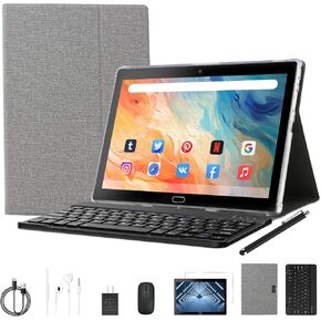 Tablet 10 inch Android Tablet with 8GB RAM+64GB ROM 512GB Expand, 2 in 1 Tableta Android 12 with Keyboard, Mouse, Stylus, 2.4G/5G WiFi Table PC with Case, Dual Camera, 6000mAh Battery, GPS(Gray)