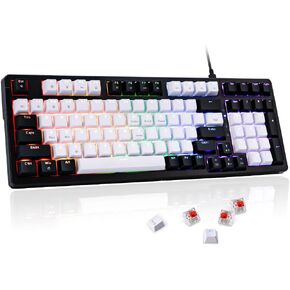 Mechanical Gaming Keyboard Wired 98 Full Key Compact RGB Backlit with 19 Modes Computer Clicky Keyboards for PC & Mac, Hot-Swappable Red Tactile Mechanical Switch, USB-C control PBT Keycaps（Black）