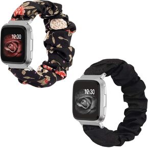 TOYOUTHS 2-pack Scrunchie Bands Compatible with Fitbit Versa/Versa 2/Versa Lite Women Elastic Fabric Strap Replacement Stretch Wristband Large Size (Red Floral+Black)