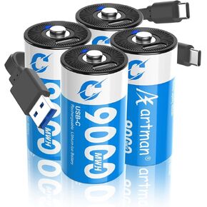 Artman Rechargeable Lithium C Batteries 4 Pack, 1.5V C Cell Batteries with 2 in 1 USB-C Charging Cable, 9000mWh High Capacity Size C Li-ion Battery for Floodlight Toys, Recharge up to 1200+ Cycles