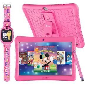 Contixo Kids Tablet, K102 10 Inch Tablet for Kids and Smart Watch Bundle, 2GB 64 GB Toddler Tablet with Bluetooth, with Smart Watch That Touch Screen, Camera, Video and Audio Recording - Pink