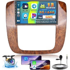 Roinvou 4+64G Car Radio for GMC Yukon Chevrolet Chevy Tahoe Suburban 2007 2008 2009 2010 2011 2012, 9" Touch Screen Carplay Android Auto with 32EQ 1280 * 720 Resolution