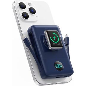 Magnetic Portable Charger 10800mAh with Built-in Cables, 6-in-1 Wireless Power Bank with iWatch Charger, 20W PD Fast Charging USB C Battery Pack for iPhone 16/15/14/13/12, Apple Watch(Blue)