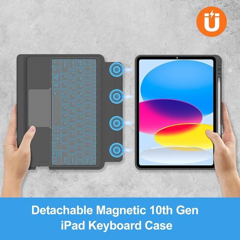KVAGO Keyboard Case for iPad 11th(A16, 2025)/ 10th Gen, 7 Colors Backlit, Multi-Touch Trackpad, Portrait/Landscape, Magnetic Detachable Keyboard, Rugged Protective Case with Pencil Holder, Black in Kuwait