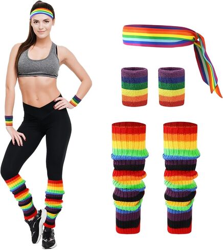 80s Accessories for Women Neon Leg Warmers Headband and Wristbands Set Knit Legwarmers for Ballet Dance Figure Skating in Kuwait
