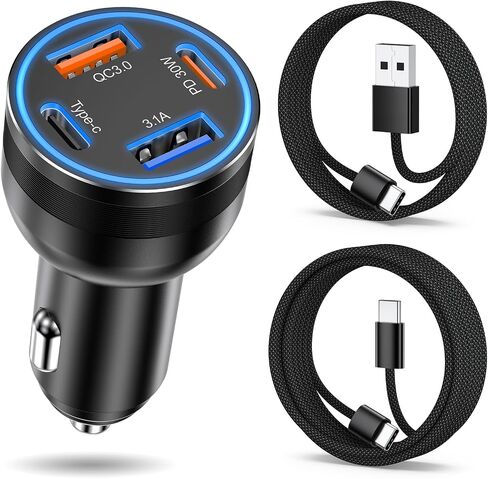 Car Charger USB C, 4-Port 65W Fast Charging Car Phone Charger with 2Pack Carplay Cable,Dual USB-C & USB-A Cargador Carro Cigarette Lighter Adapter for iPhone 16e/15/14/13/12 Pro Max,iPad,Samsung S25 in Kuwait