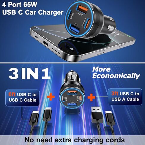 Car Charger USB C, 4-Port 65W Fast Charging Car Phone Charger with 2Pack Carplay Cable,Dual USB-C & USB-A Cargador Carro Cigarette Lighter Adapter for iPhone 16e/15/14/13/12 Pro Max,iPad,Samsung S25 in Kuwait