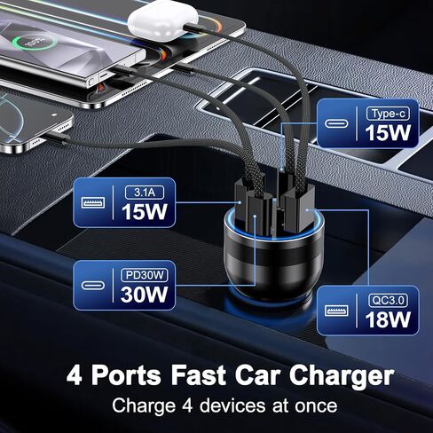 Car Charger USB C, 4-Port 65W Fast Charging Car Phone Charger with 2Pack Carplay Cable,Dual USB-C & USB-A Cargador Carro Cigarette Lighter Adapter for iPhone 16e/15/14/13/12 Pro Max,iPad,Samsung S25 in Kuwait