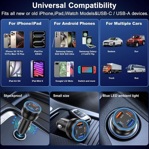 Car Charger USB C, 4-Port 65W Fast Charging Car Phone Charger with 2Pack Carplay Cable,Dual USB-C & USB-A Cargador Carro Cigarette Lighter Adapter for iPhone 16e/15/14/13/12 Pro Max,iPad,Samsung S25 in Kuwait