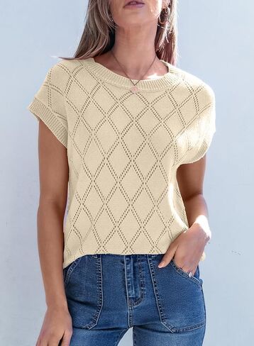 SHEWIN Womens Summer Tops Casual Crewneck Short Sleeve Shirts Cable Knit Lightweight Loose Pullover Sweater in Kuwait