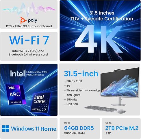 HP OmniStudio X 32 AI All-in-One Desktop, 31.5" UHD 3840 * 2160 550 nits IPS, Intel Ultra 7 155H, 64GB DDR5, 2TB SSD, Wi-Fi 7, Wireless KB&M, 5MP Camera, Bundle with Adata UC310 64GB USB Flash Drive in Saudi Arabia