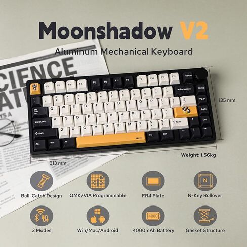 Kiiboom Moonshadow V2 75 ٪ لوحة مفاتيح ألعاب ألمنيوم اللاسلكية ، QMK وعبر لوحة مفاتيح ميكانيكية قابلة للبرمجة ، BT5.0/2.4GHz/USB-C لوحة مفاتيح دسم ساخنة مع FR4 ، Knob ، بطارية 4000 مللي أمبير (Silver) in Kuwait