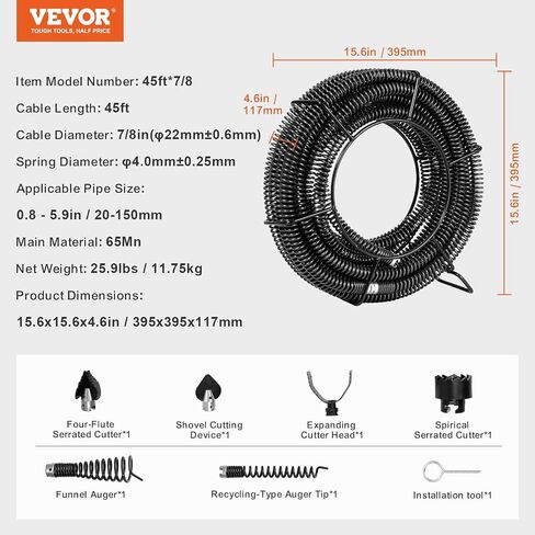 كابل تنظيف الصرف بطول 100 قدم من VEVOR مقاس 100 بوصة × 5/8 بوصة مع 7 قواطع لأنابيب من 0.8 بوصة إلى 3.9 بوصة لحوض تنظيف المجاري المجوف والمرحاض in Saudi Arabia