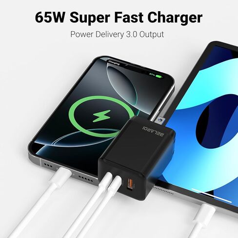 65W USB C Charger, GaN PPS Fast Compact Foldable Charger, 3 Ports Fast Wall Power Adapter for iPhone 16/15/14/13, iPad Pro, Galaxy S24/S2, Earphone, etc. (Black) in Kuwait