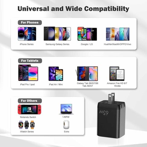 65W USB C Charger, GaN PPS Fast Compact Foldable Charger, 3 Ports Fast Wall Power Adapter for iPhone 16/15/14/13, iPad Pro, Galaxy S24/S2, Earphone, etc. (Black) in Kuwait