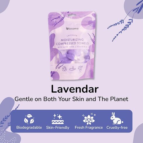 Lavender Compressed Towel Tablets – Disposable Cotton, Instant Expandable water activated Face Towels, Travel-Friendly, Biodegradable Moisturizing Towels for Camping and Outdoors Pack of 50 in Kuwait