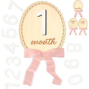 2 PCS Baby Baby Monthly Milestone Cards with Pink Bow Wooden Monthly Discs Discs Coquette Discs لتوثيق هدية النمو حديثي الولادة لفتاة وبوي (جولة)