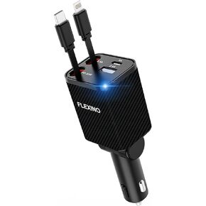 Flexino Retractable Car Charger, iPhone16 Car Charger, USB C Car Charger, 69W Fast Charge Car Charger, Smaller Size Car Charger with Retractable Cords, Fit for iPhone 16/15/14/13/12, Samsung, Black