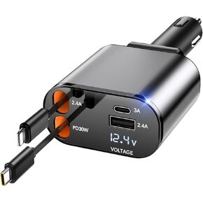 4 in 1 Fast Car Phone Charger, 66W Retractable Car Charger,2 Retractable Cables and USB Car Charger,Compatible with iPhone 16/15/14/13/12/11(Cord for iPhone Only +TypeC)