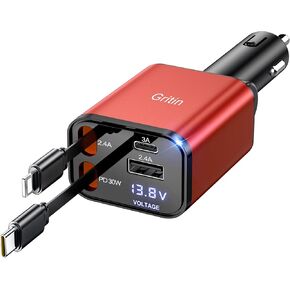 Gritin Retractable Car Charger, 69W Super Fast 4 in 1 USB C Car Charger Adapter with Smart Device-Adaptive Charging Technology& Current Display, Car Accessories for Phone, Android- Red