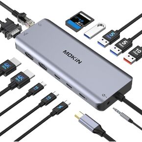 USB C Hub with 2 HDMI, 14 in 1 USB C Hub Multiport Adapter with 2 HDMI 4K, VGA, RJ45 Ethernet, 10 Gbps USB C/A, 100W PD, SD/TF, 3.5MM Audio&Mic for Dell HP Lenovo Surface