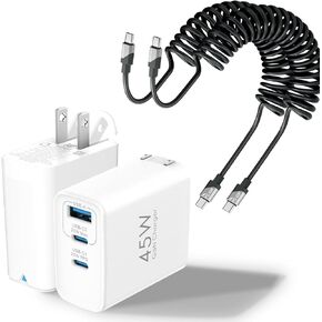 45W USB C Charger Block ＆ Coiled USB C to USB C Cable 5.9ft 2-Pack